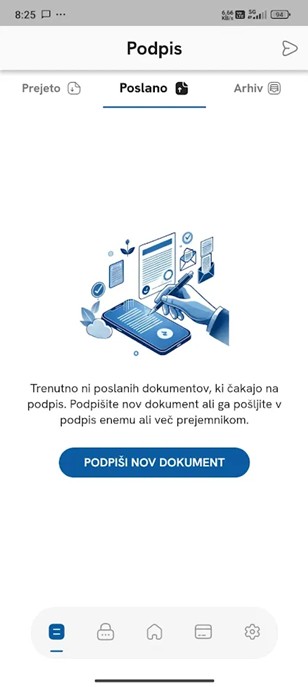 Zaslon aplikacije OnePass Podpis, kjer uporabnik klikne na gumb “Podpiši nov dokument”. Izbira lahko tudi med Prejeto in Arhiv.