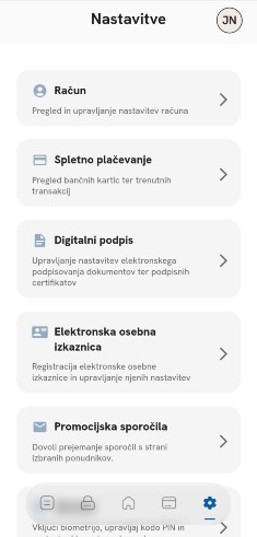 Zaslon z nastavitvami v mobilni aplikaciji. Prikazane so možnosti: Račun, Spletno plačevanje, Digitalni podpis, Elektronska osebna izkaznica in Promocijska sporočila.