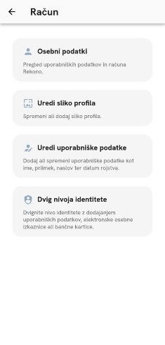 Zaslon z nastavitvami uporabniškega računa v mobilni aplikaciji Rekono. Prikazane možnosti vključujejo: osebni podatki, urejanje slike profila, urejanje uporabniških podatkov ter dvig nivoja identitete z dodajanjem osebnih dokumentov ali bančnih kartic.