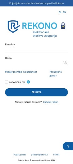 Forma, kjer mora uporabnik vnesti e-pošto, geslo in klikne gumb "Prijava". Vidni sta tudi povezavi "Ste pozabili geslo?" in "Ustvari račun".
