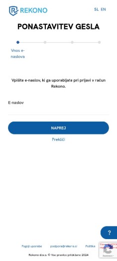 Forma ponastavitve gesla, kjer mora uporabnik vpisati e-poštni naslov, ki ga uporablja pri prijavi v račun Rekono in nato klikne na gumb “Naprej”.