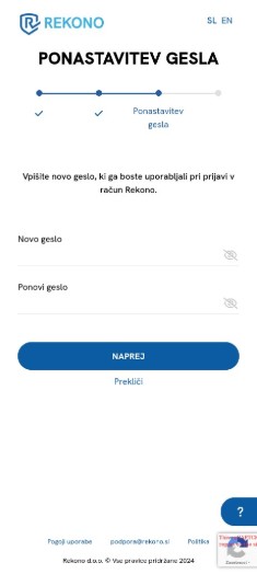 Forma ponastavitve gesla, kjer mora uporabnik vpisati novo geslo in ponoviti novo geslo. Nato klikne na gumb “Naprej” ali pa na vidno povezavo “Prekliči”.