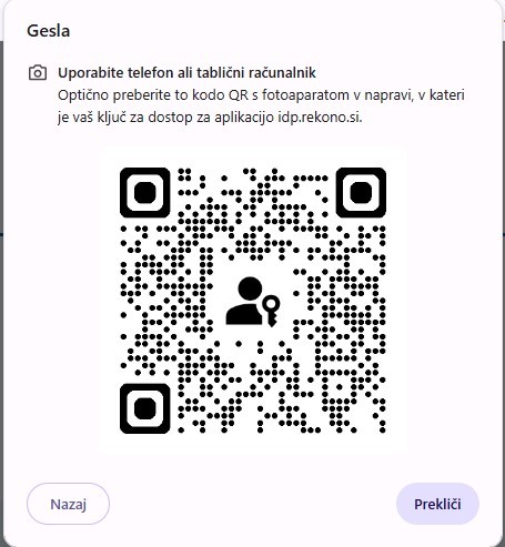Okno za prijavo z uporabo telefona ali tabličnega računalnika. Prikazana je QR koda, ki jo je treba optično prebrati z napravo, v kateri je shranjen ključ za dostop do aplikacije idp.rekono.si. Na dnu sta gumba »Nazaj« in »Prekliči«.