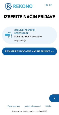 Zaslon izbere načina prijave za zaključek postopka registracije. Viden je gumb, ki ga uporabnik klikne za zaključek postopka registracije.