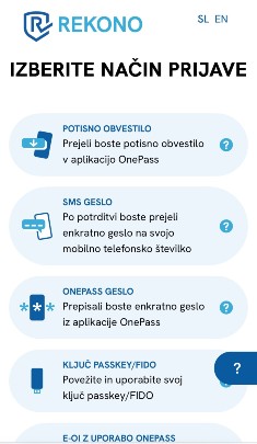 Zaslon izbire mehanizmov za prijavo. Mehanizmi prikazani na sliki so: potisno obvestilo, SMS geslo, OnePass geslo, Ključek FIDO in E-OI z uporabno OnePass. Na vsak mehanizem lahko uporabnik klikne. Viden je tudi gumb “Registriraj dodatne načine prijave”.