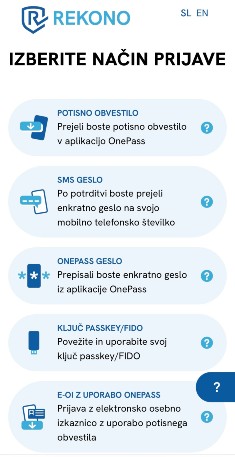 Prikaz različnih načinov prijave v sistem Rekono. Možnosti vključujejo: potisno obvestilo v aplikacijo OnePass, SMS geslo, OnePass geslo, ključ Passkey/FIDO, e-osebna izkaznica z uporabo OnePass aplikacije ter prijava z e-osebno izkaznico in digitalnim potrdilom. Ikone in kratki opisi so podani ob vsakem načinu prijave.