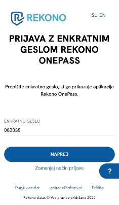 Forma prijave z enkratnim geslom Rekono OnePass, kjer v za-to zahtevano polje uporabnik vpiše enkratno geslo. Viden je tudi gumb “Vpišite enkratno geslo OnePass” in povezava “Zamenjaj način prijave”.