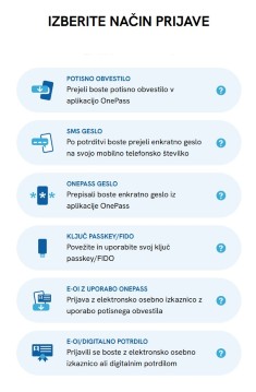 Prikaz različnih načinov prijave v sistem Rekono. Možnosti vključujejo: potisno obvestilo v aplikacijo OnePass, SMS geslo, OnePass geslo, ključ Passkey/FIDO, e-osebna izkaznica z uporabo OnePass aplikacije ter prijava z e-osebno izkaznico in digitalnim potrdilom. Ikone in kratki opisi so podani ob vsakem načinu prijave.