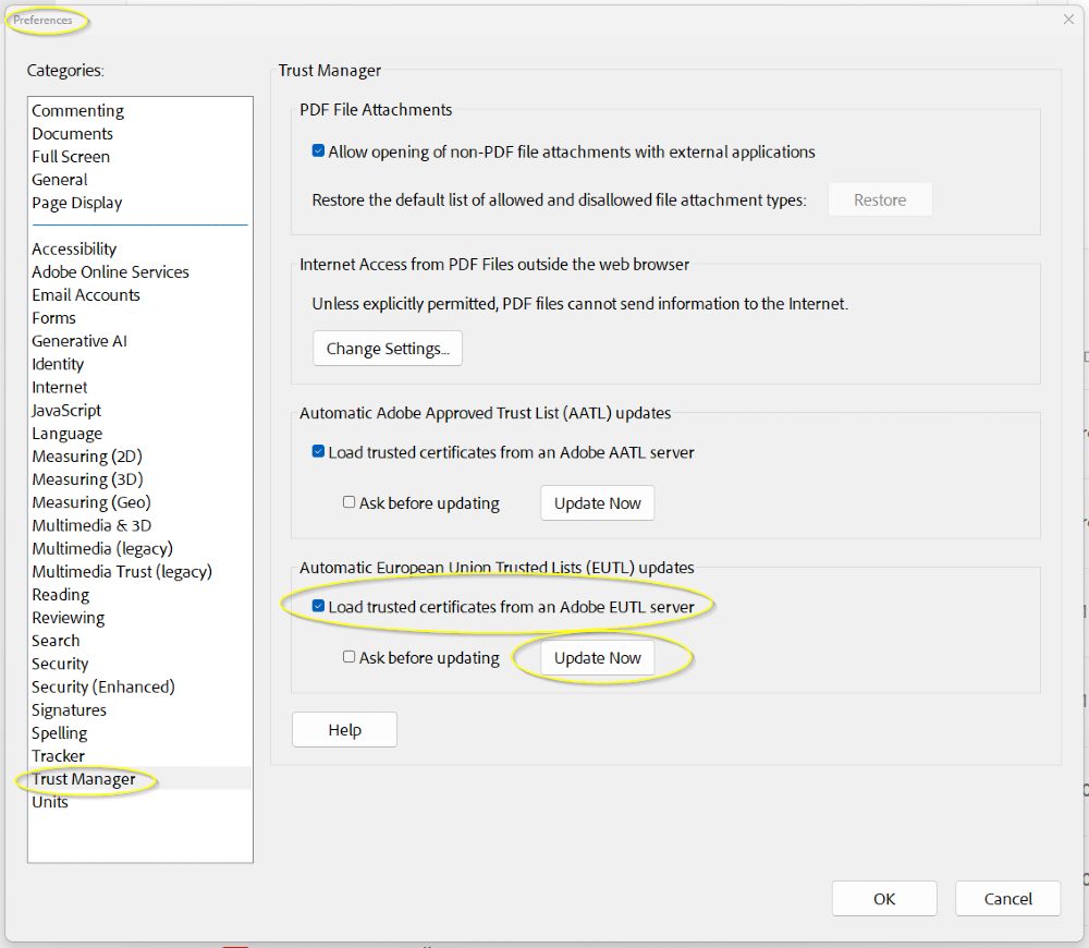 Nastavitve Adobe Trust Manager s potrjenimi možnostmi za nalaganje zaupanja vrednih certifikatov in gumboma "Update Now".