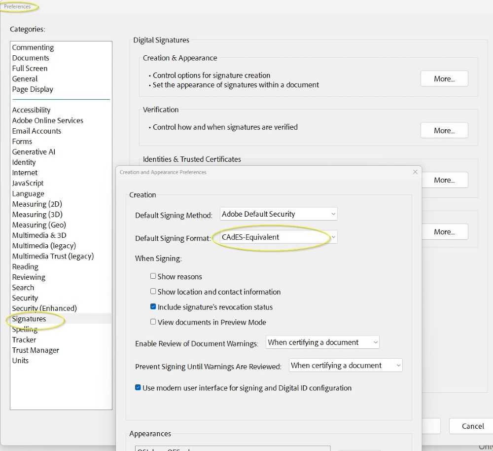Nastavitve digitalnega podpisa v Adobe Acrobat s privzetim formatom podpisa nastavljenim na CAdES-Equivalent.