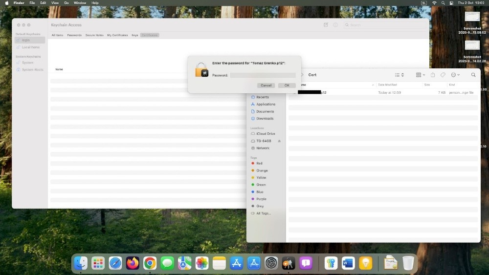 dodajanje digitalnega potrdila macos 2 Vnos gesla za uvoz digitalnega potrdila (.p12) v aplikacijo Keychain Access na Mac računalniku.