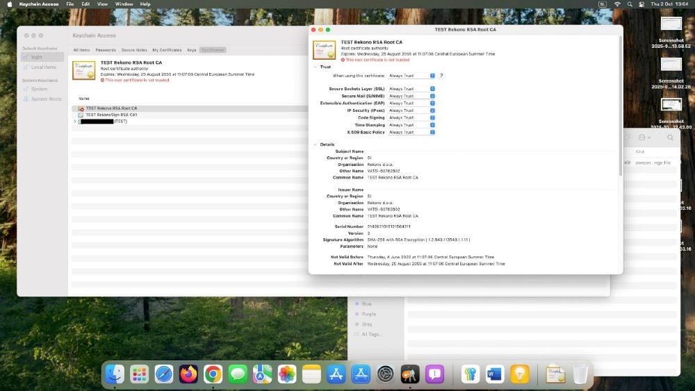 dodajanje digitalnega potrdila macos 3 macOS Keychain Access prikazuje podrobnosti certifikata TEST Rekono RSA Root CA z nastavitvami zaupanja in podatki o certifikatu.