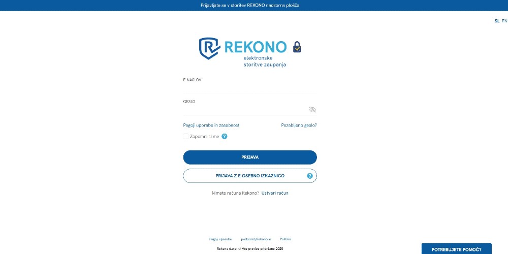 dvig ravni zanesljivosti identitete 2 Prijavna stran Rekono – vnos e-naslova in gesla, možnost prijave z e-osebno izkaznico in gumb za pomoč.
