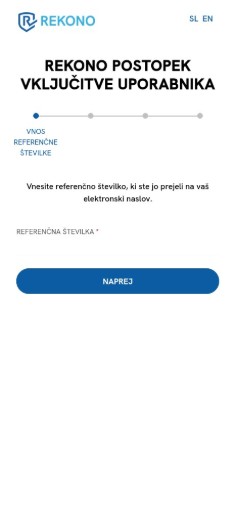 Obrazec Rekono za vnos referenčne številke, prejete po e-pošti, kot del postopka vključitve uporabnika.