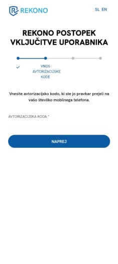 Obrazec Rekono za vnos avtorizacijske kode, poslane na mobilni telefon uporabnika med postopkom vključitve.