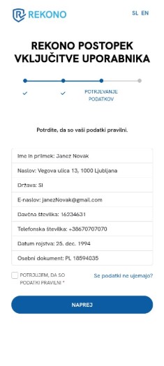 Rekono obrazec za potrditev osebnih podatkov uporabnika Janez Novak v postopku vključitve.