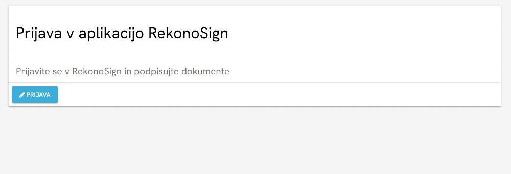Prijavni zaslon za aplikacijo RekonoSign z gumbom za prijavo in opisom za elektronsko podpisovanje dokumentov.