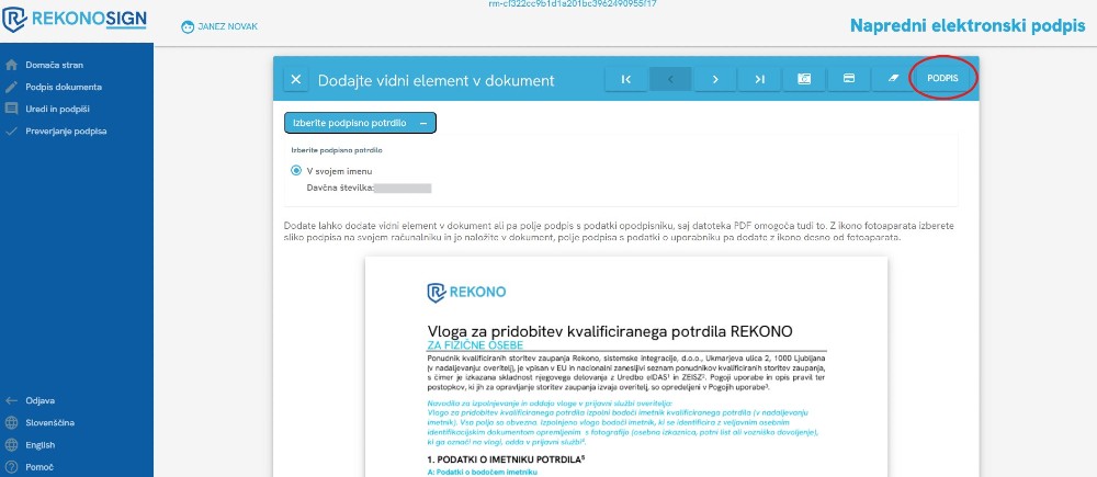 Zaslon za dodajanje vidnega podpisa v PDF dokument z označenim gumbom »PODPIS« v aplikaciji RekonoSign.