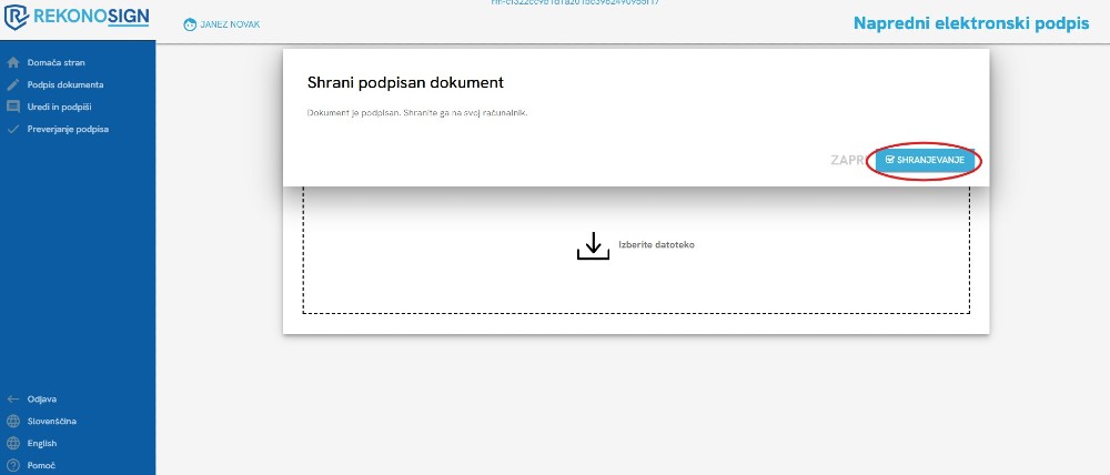 Prikaz strani RekonoSign za shranjevanje podpisanega dokumenta z gumbom Shranjevanje in območjem za izbiro datoteke.