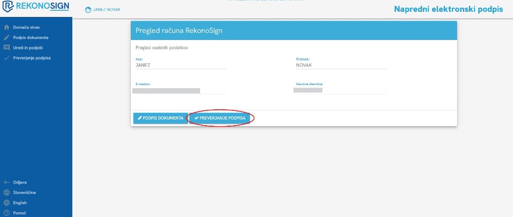 Zaslon z osebnimi podatki v RekonoSign z označenim gumbom »PREVERJANJE PODPISA« za preverjanje elektronskega podpisa.