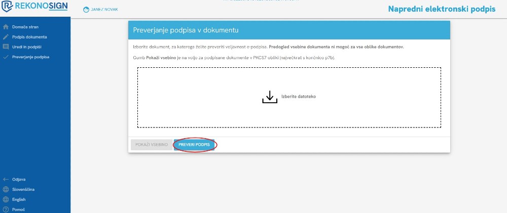 Zaslon za preverjanje podpisa v dokumentu z označenim gumbom »PREVERI PODPIS« in možnostjo izbire datoteke.