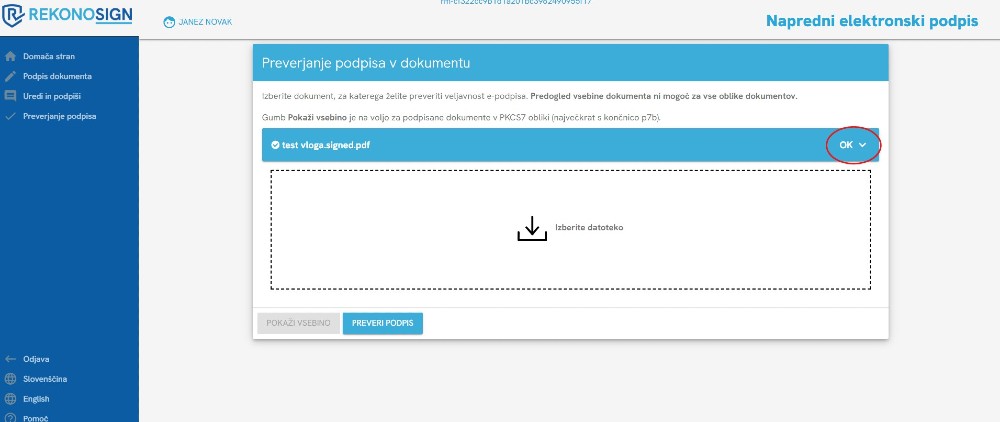 Dokument test_vloga.signed.pdf uspešno preverjen, označen status »OK« v preverjanju podpisa v dokumentu.