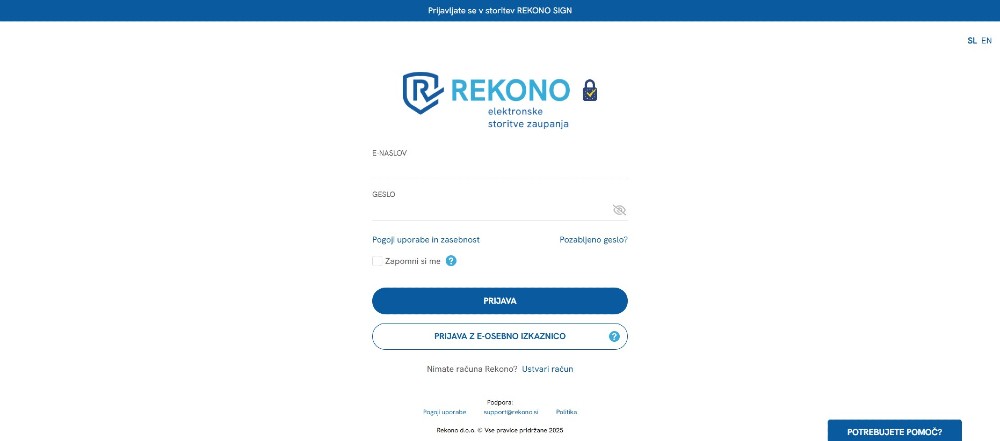 Prijavna stran Rekono – vnos e-naslova in gesla, možnost prijave z e-osebno izkaznico in gumb za pomoč.
