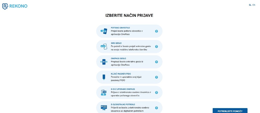 Zaslon z možnostmi prijave v Rekono: OnePass, SMS geslo, e-osebna, Passkey/FIDO, digitalno potrdilo in pomoč.