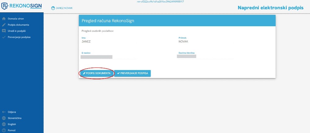 Zaslon RekonoSign z osebnimi podatki uporabnika in gumboma za podpis dokumenta ter preverjanje podpisa.