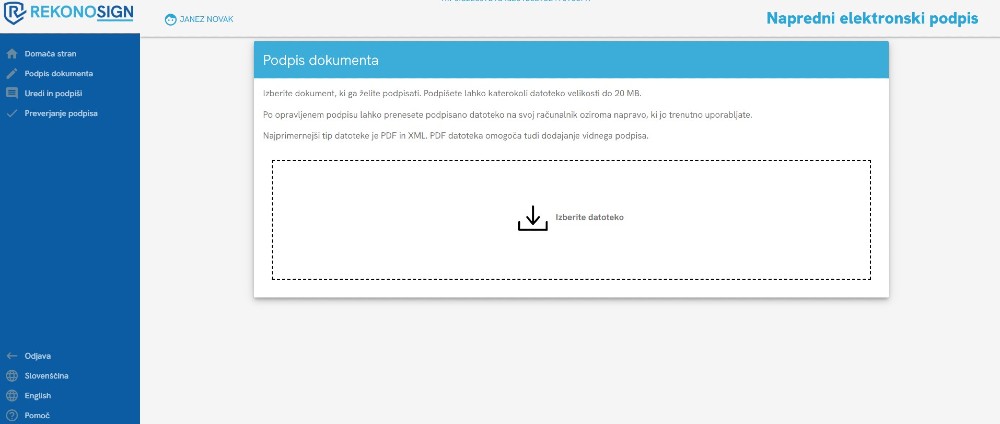 Zaslon RekonoSign z obrazcem za izbiro datoteke za napredni elektronski podpis dokumenta do velikosti 20 MB.