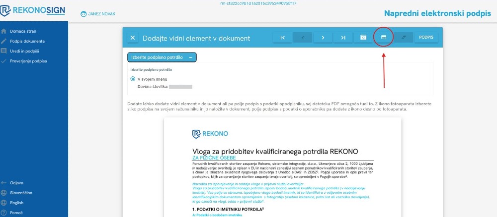 Dodajanje vidnega elementa podpisa v PDF dokument z izbiro podpisnega potrdila v sistemu RekonoSign.