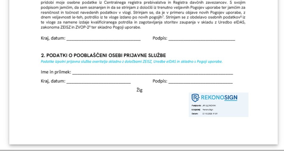 Vidni elektronski podpis RekonoSign je dodan na spodnji desni del PDF dokumenta z imenom, datumom in potrdilom.