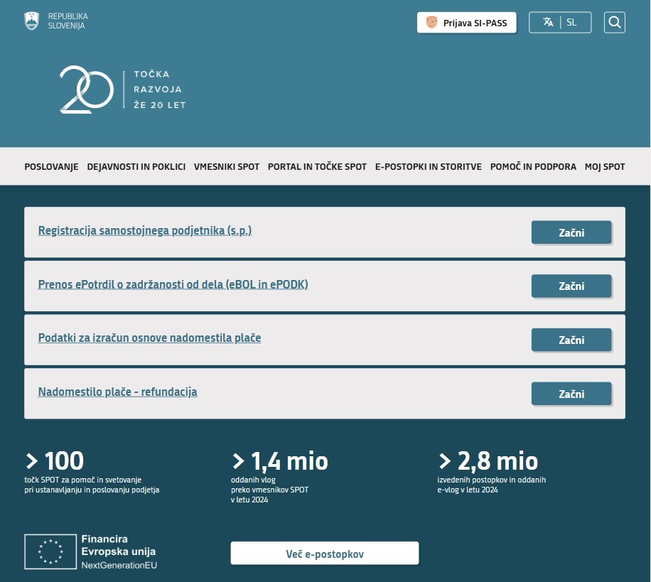prijava spot rekono sms geslo 1 Vstopna stran portala SPOT z gumbi za začetek e-postopkov, kot so registracija s.p. in prenos ePotrdil o zadržanosti.