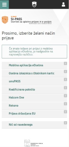 Zaslon SI-PASS z izborom načina prijave, vključno z mobilno eOsebno, kvalificiranim potrdilom in Rekono.