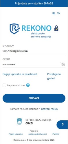 Prijavni zaslon Rekono v storitev SI-PASS z vnosom e-naslova in gesla ter možnostjo ustvarjanja novega računa.