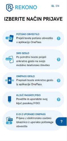 Zaslon Rekono z izborom načina prijave: potisno obvestilo, SMS geslo, OnePass geslo, Passkey/FIDO, e-OI.
