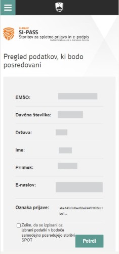 Zaslon SI-PASS s pregledom osebnih podatkov (EMŠO, davčna številka, država, ime, priimek, e-naslov) pred potrditvijo.