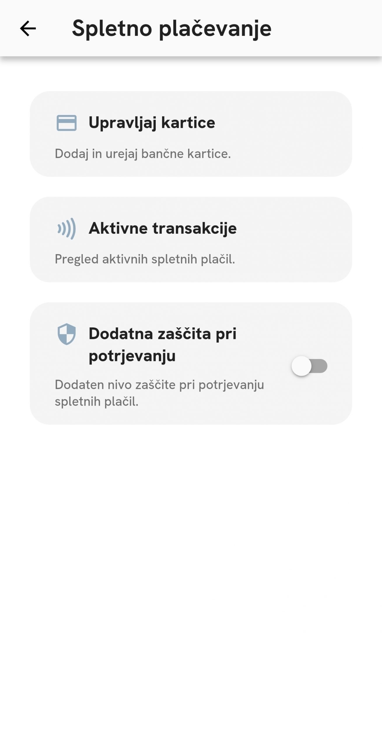 Nastavitve spletnega plačevanja v aplikaciji Rekono z možnostmi upravljanja kartic, pregleda aktivnih transakcij in dodatne zaščite pri potrjevanju spletnih plačil.