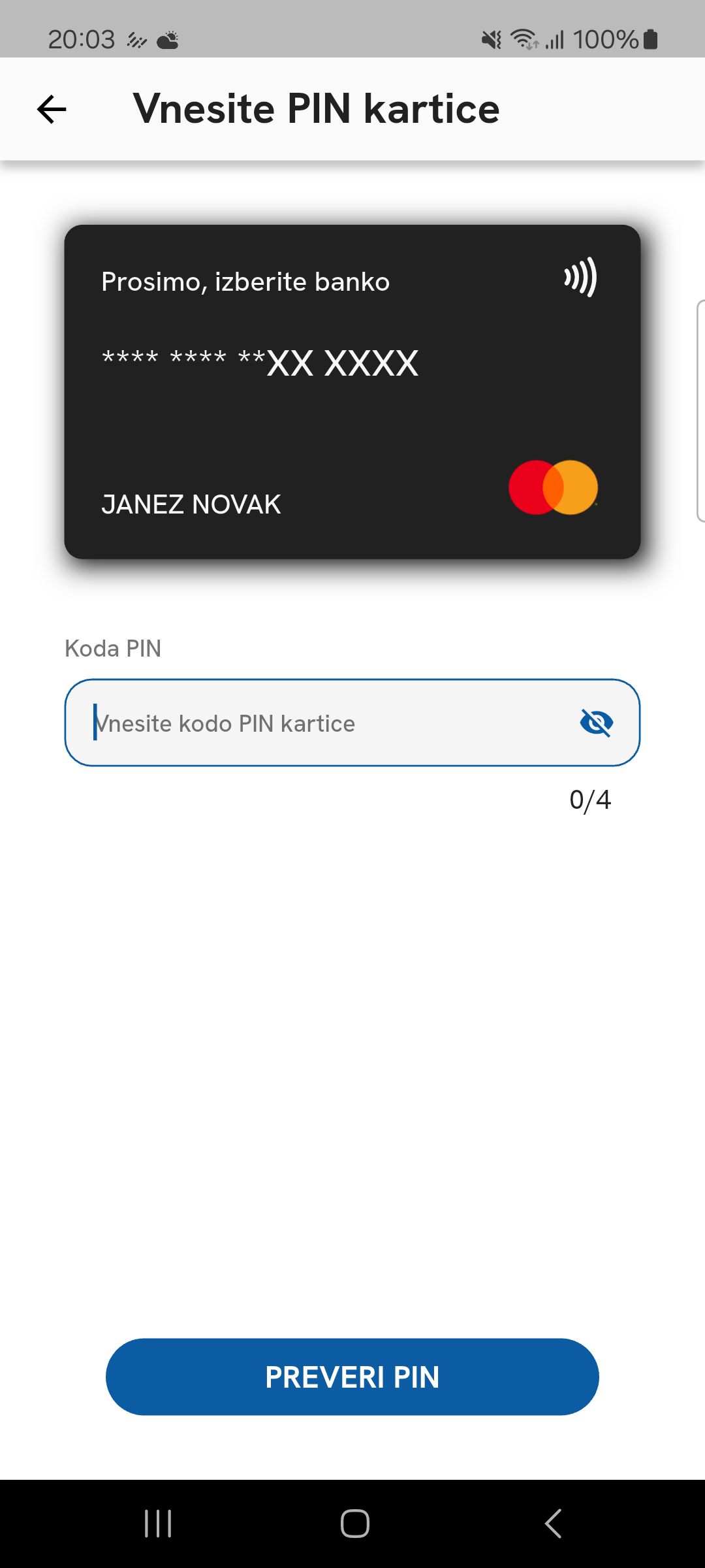 Vnos PIN-kode bančne kartice za aktivacijo storitve Rekono 3-D Secure.