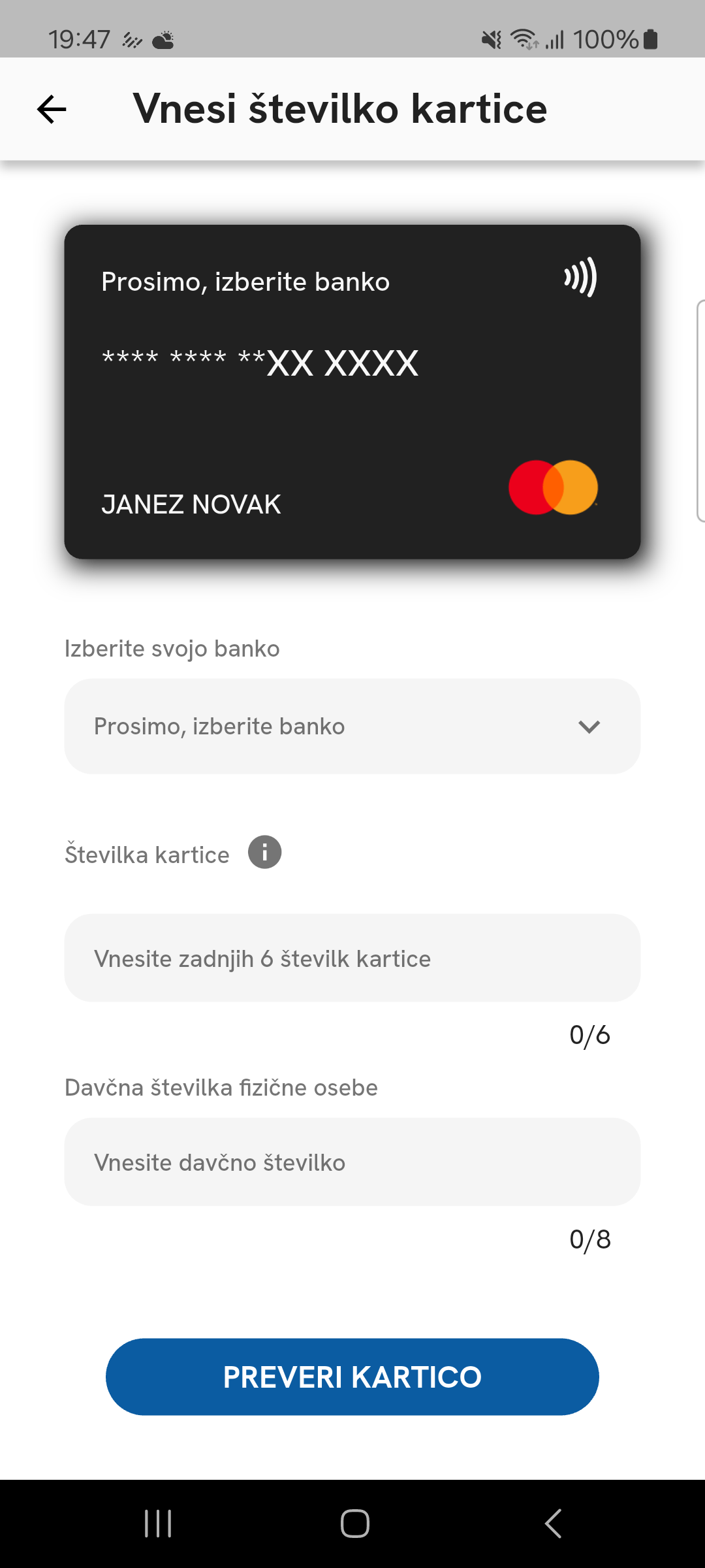 Obrazec za dodajanje bančne kartice z izbiro banke, vnosom zadnjih šestih številk kartice in davčne številke.