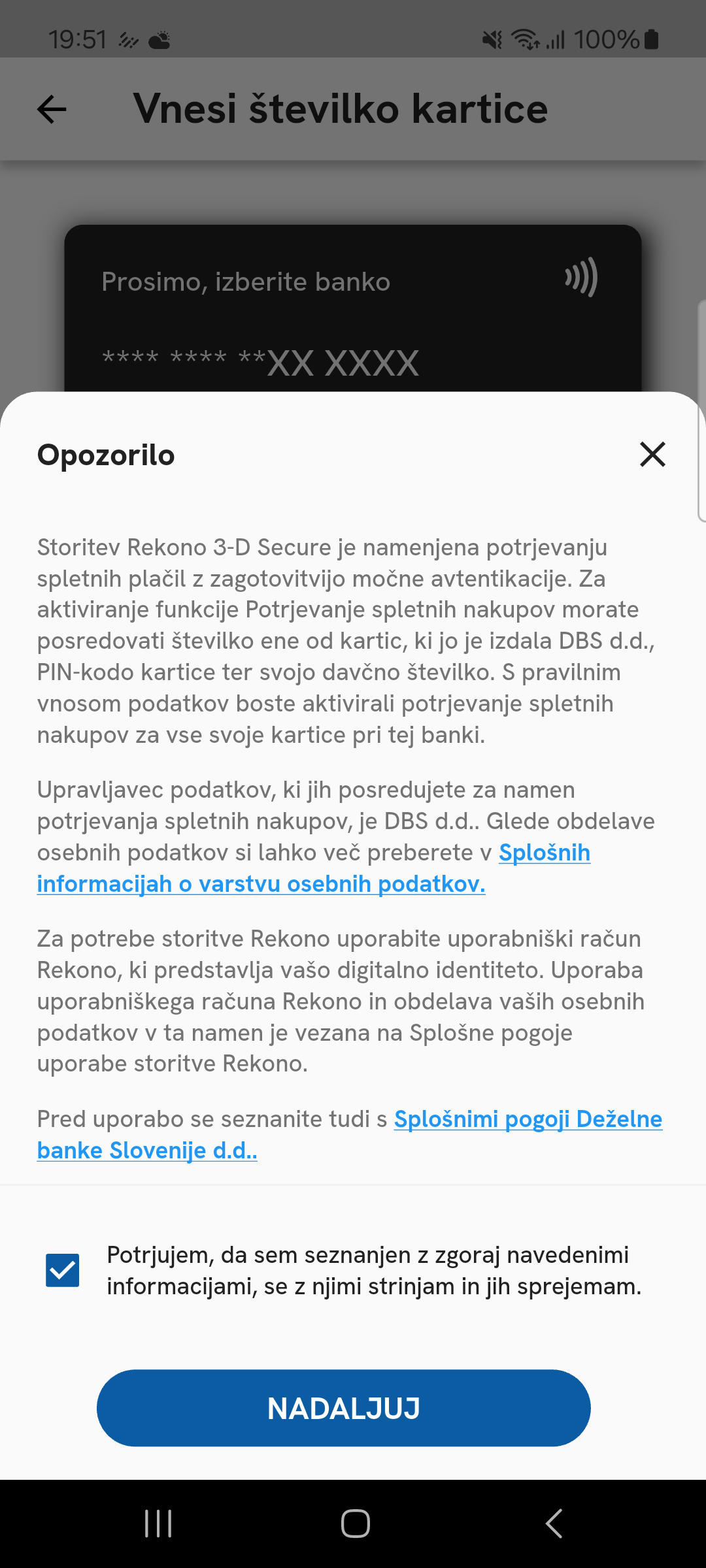 Opozorilo o aktivaciji storitve Rekono 3-D Secure za varno potrjevanje spletnih plačil in soglasje uporabnika s pogoji uporabe.