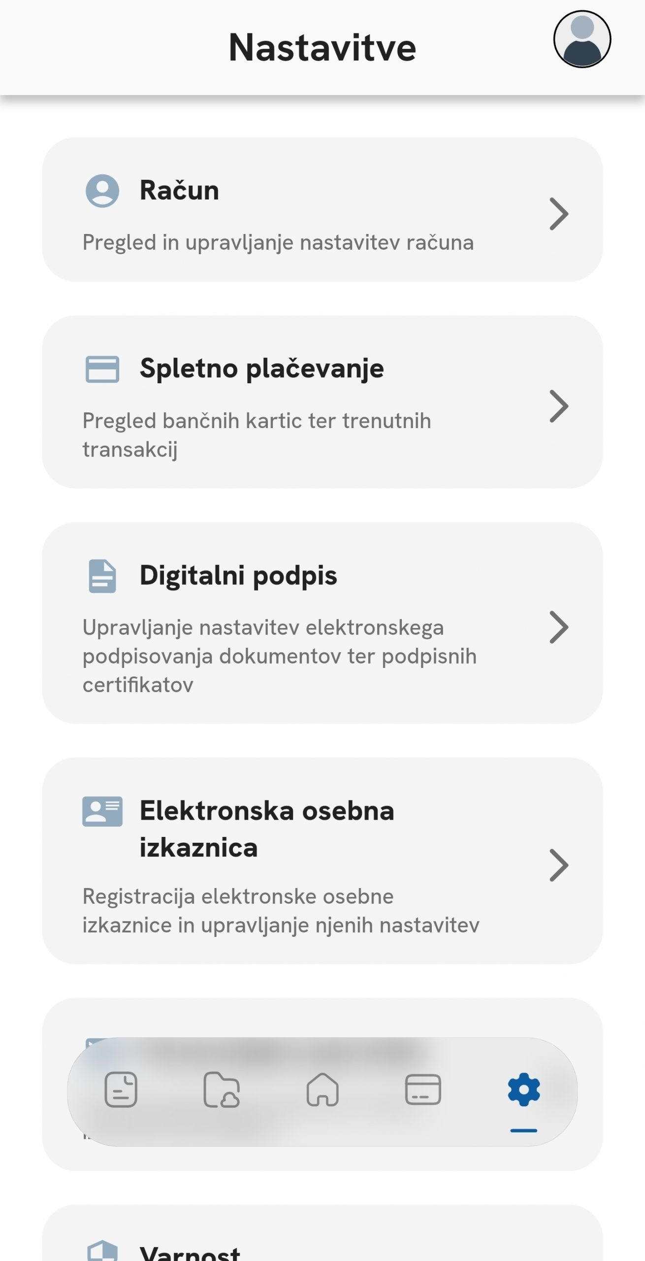 Nastavitve aplikacije Rekono z možnostmi za upravljanje računa, spletnega plačevanja, digitalnega podpisa in elektronske osebne izkaznice.
