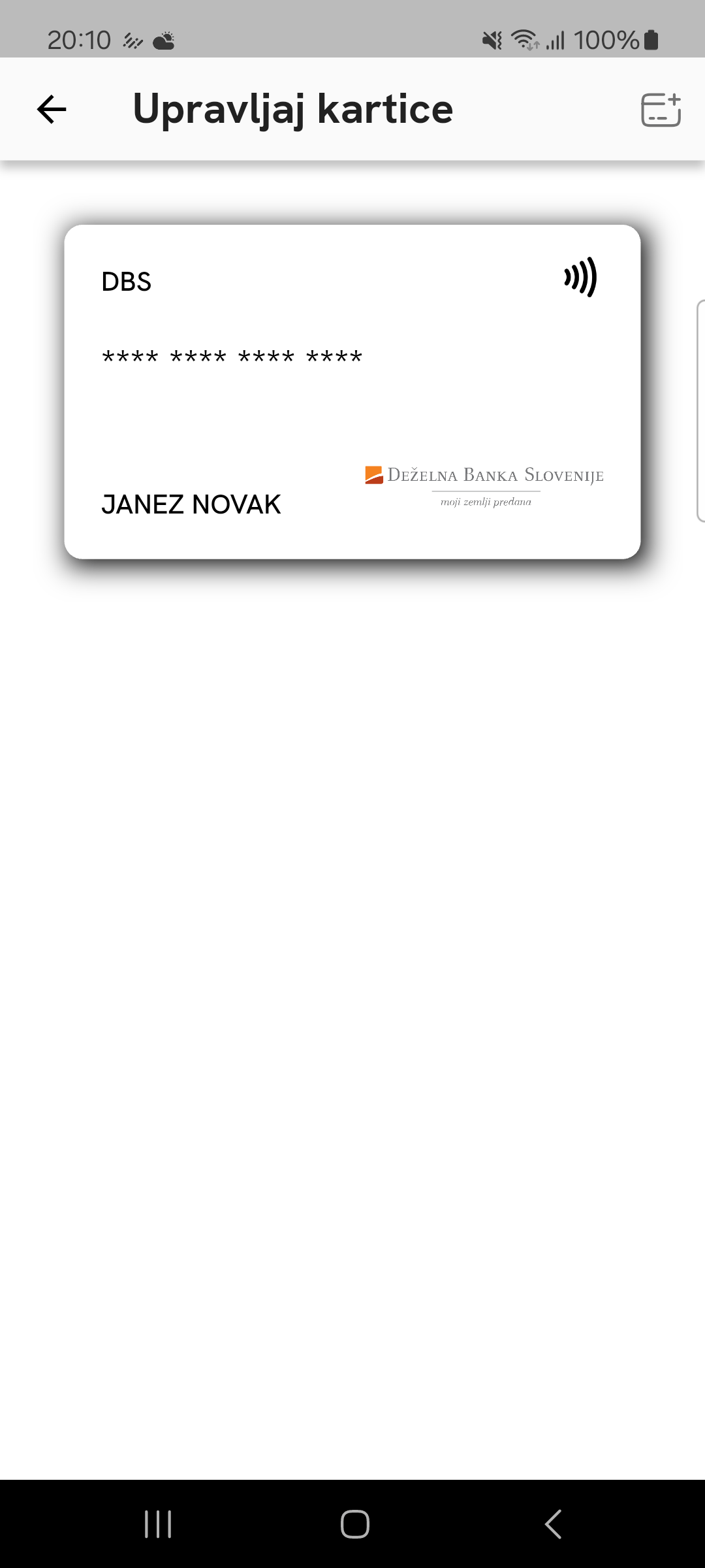 Pregled dodane bančne kartice Deželne banke Slovenije v razdelku Upravljaj kartice.