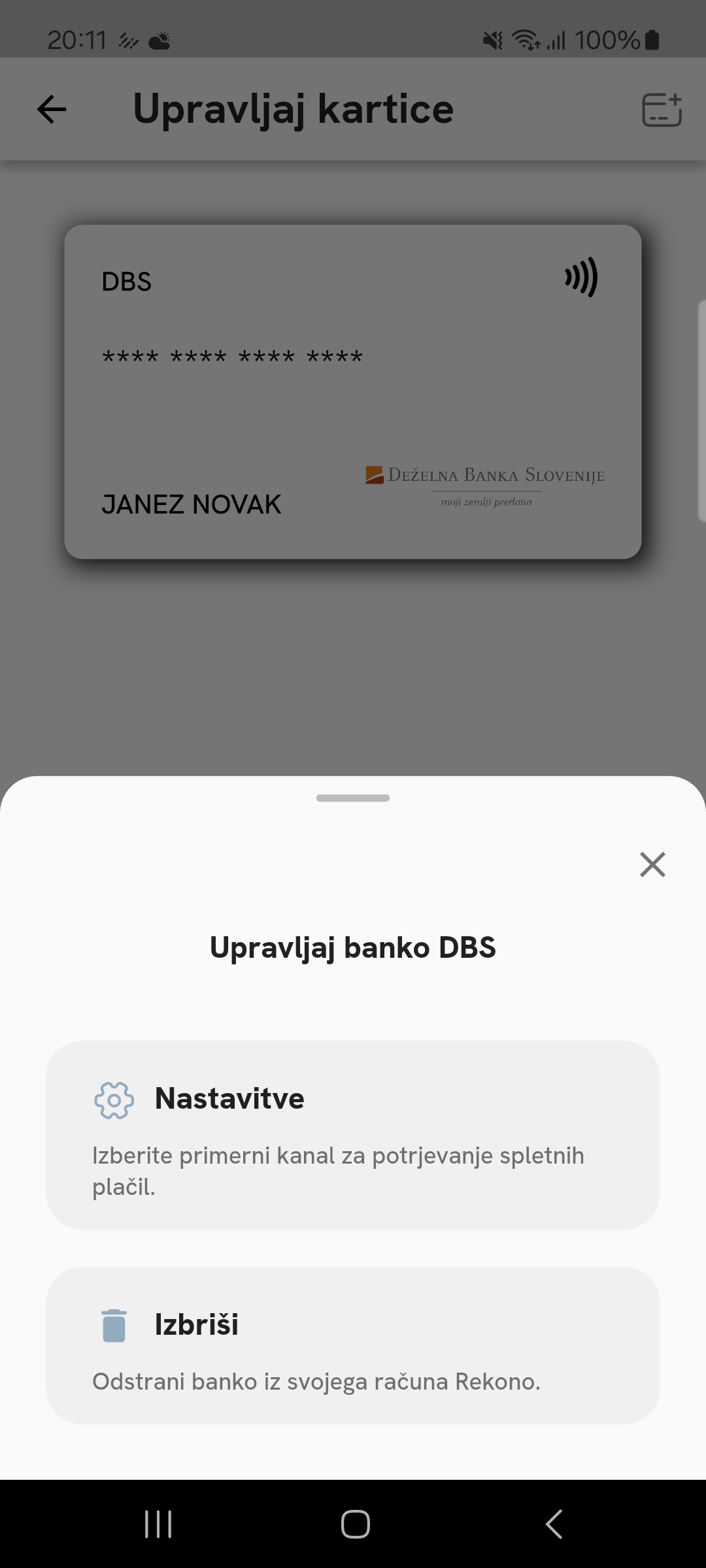Upravljanje banke DBS v aplikaciji Rekono z možnostjo nastavitev načina potrjevanja spletnih plačil ali odstranitve banke.